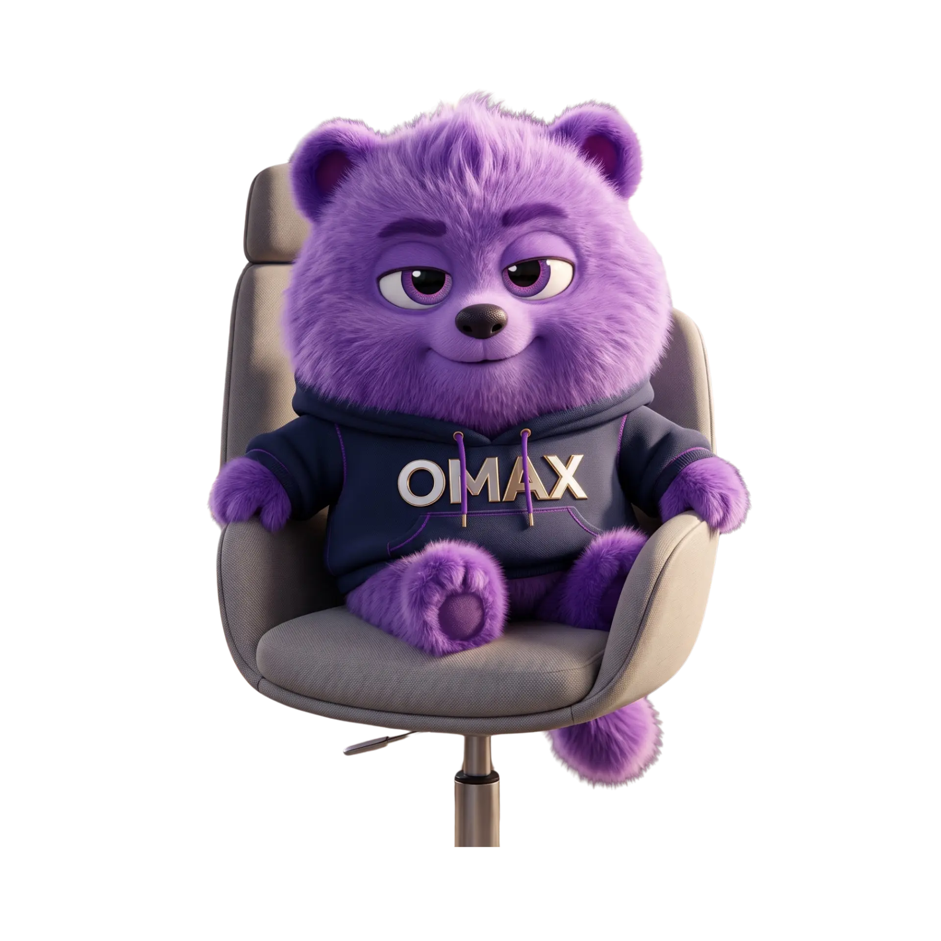 La mascotte OMAX, ours violet en sweat OMAX assis dans un fauteuil de bureau