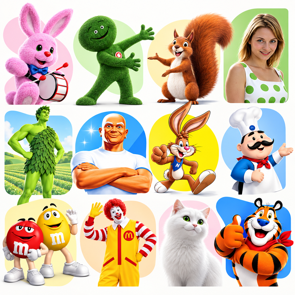 Collage de mascottes de marques célèbres : lapin Energizer, Green Giant, M&M's, Ronald McDonald, Tony the Tiger, etc.